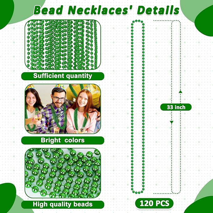 St Patricks Day Necklaces, 120PCS Green Beads Necklaces Decorations, 33" Saint Patricks Day Mardi Gras Xmas Necklace Party Favor, Green Mardi Gras Beads Bulk for Wedding Birthday Holiday Parade Throw