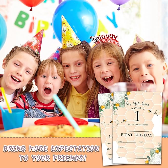 Honeycomb 1st Birthday Invitations Cards, 4"x 6" Honey Bee Birthday Party Invites with Envelopes for Party Decorations Supplies(20 Pieces) -D20