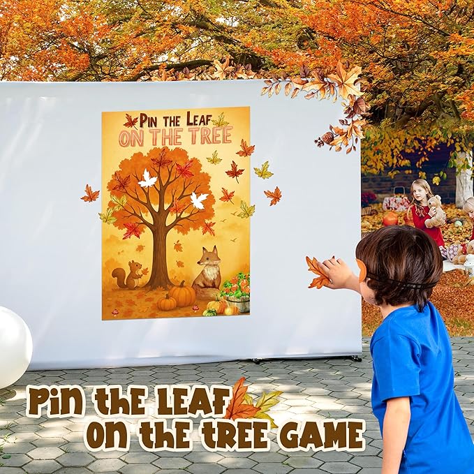 Pin the Leaf On the Tree Game Poster with 24 Pcs Maple Leaves Stickers Fun Fall Thanksgiving Pumpkin Harvest Seasonal Holiday Party Activity Decorations Supplies for Halloween Autumn Festival Birthday
