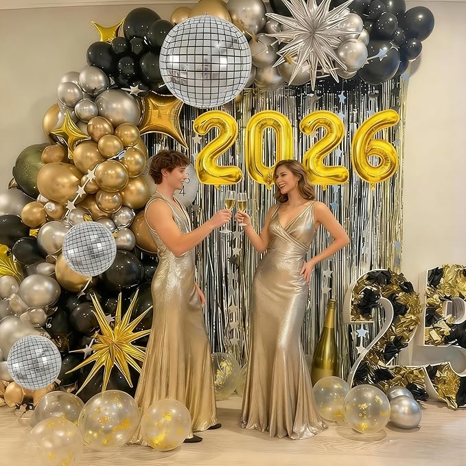 2026 Graduation Balloon Garland Arch Kit, Black Gold Silver Balloon Arch 2026 Graduation Decorations Disco Star Balloons for Grad Celebrations New Year Birthday Party Decorations