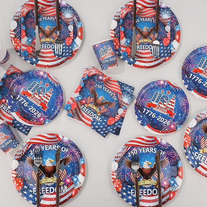 Probsin 250th Anniversary Plates and Napkins Set for 24-Disposable Paper Plates, Napkins, Cups, 250 Years of Freedom 1776-2026 American Eagle Patriotic Party Supplies for Outdoor Picnic