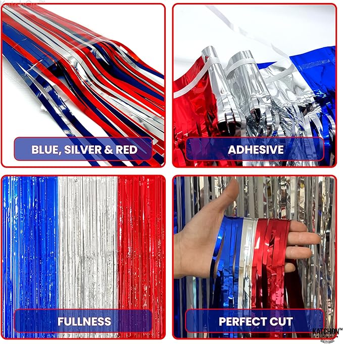 KatchOn, Red White and Blue Streamers - Xtralarge, 8x6.4 Feet, Pack of 2 | Red White And Blue Fringe Curtain for White Trash Party Decorations