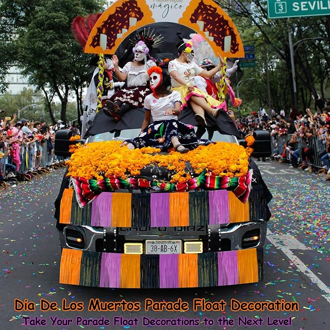 4 Packs 39 Feet Halloween Parade Floats for Trailer Car, Foil Fringe Garland Tinsel Streamers Banner Table Skirts for Halloween Dia De Los Muertos Homecoming BBirthday (Black Orange Purple)