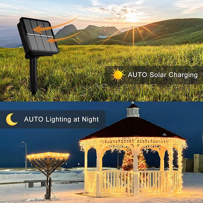 2 Pack-Solar String Lights, 78Ft 200 LED Solar Lights Outdoor with 8 Modes ，Solar String Lights Outdoor Waterproof for Yard, Fence,Balcony, Party,Christmas Tree Decorations (Warm White)