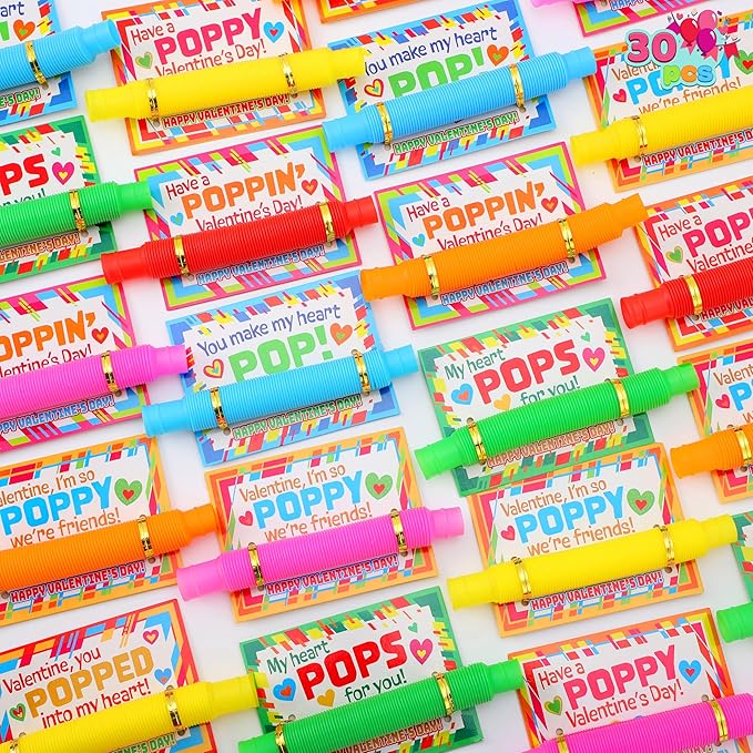 JOYIN 30 Packs Valentines Day Pop Tubes Fidget Toys for Kids, Stretchy Tube Stress Relief Fidget Toy for Kids Valentine's School Classroom Exchange Gift Rewards Party Favors Classroom Gifts