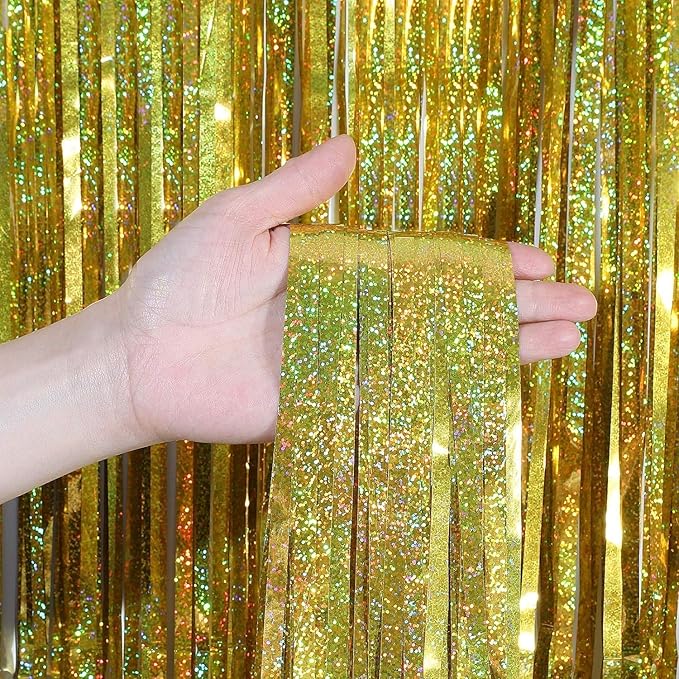 Gold Fringe Curtain - 2 Packs 3ftx8ft Sparkle Metallic Party Backdrop Curtain Photo Booth Props Birthday Decorations Gold Birthday Backdrop