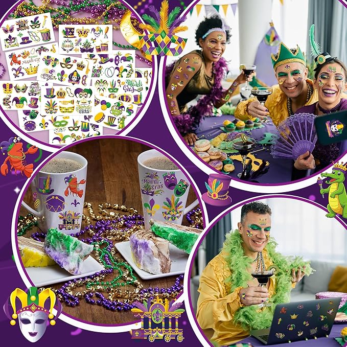 12 Sheets Mardi Gras Tattoos, Mardi Gras Stickers Accessories, New Orleans Carnival Party Favors Crown Mask Tattoos Stickers for Fat Tuesday Parades Masquerade Decorations