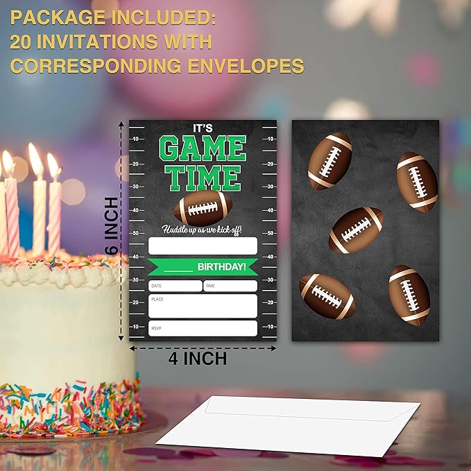 Birthday Invitations, 4"x6" Football Birthday Party Invitations with Envelopes for Football Party Decorations Supplies(20 Pieces)-C28