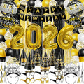 81 Pcs New Years Eve Party Supplies Happy New Year Decorations Kit Serves 12 Includes 36" Large 2026 Foil Ballons, Black Gold Curtains Banner Hats Headbands Glasses Noisemaker Balloons Party Favor
