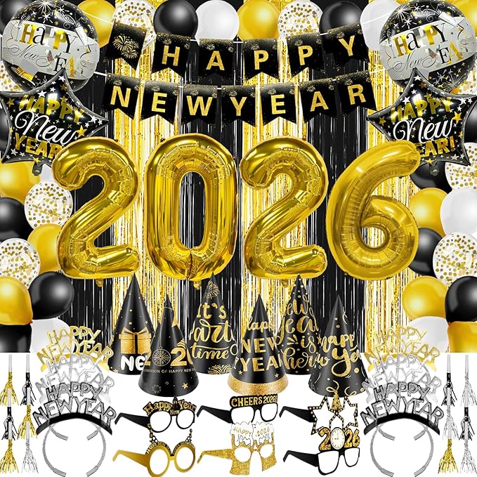 81 Pcs New Years Eve Party Supplies Happy New Year Decorations Kit Serves 12 Includes 36" Large 2026 Foil Ballons, Black Gold Curtains Banner Hats Headbands Glasses Noisemaker Balloons Party Favor