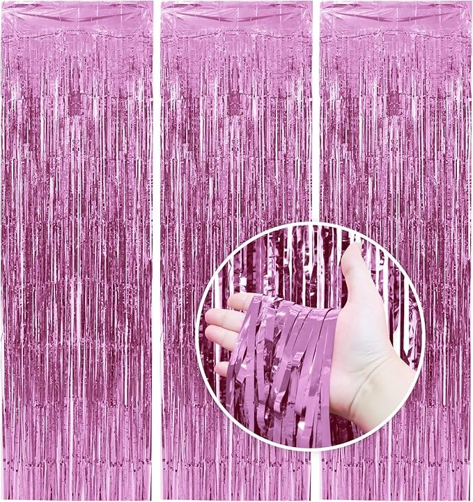 Homiest 3 Pack Pink Tinsel Backdrop, 3.3x6.6 FT Metallic Tinsel Foil Fringe Curtains Party Decorations, Birthday Door Streamers for Baby Shower Wedding, Photo Booth Props Background Wall Decor