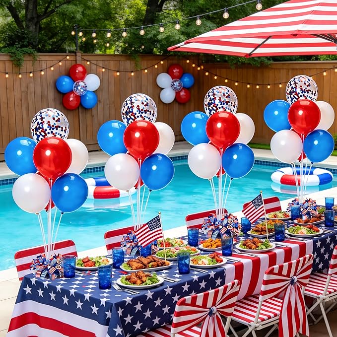 JOYYPOP 4th of July Balloon Centerpieces for Tables 4 Sets Balloon Stand Kit with 40 Red White Blue Confetti Balloons Patriotic 250th Anniversary Independence Day Table Decorations