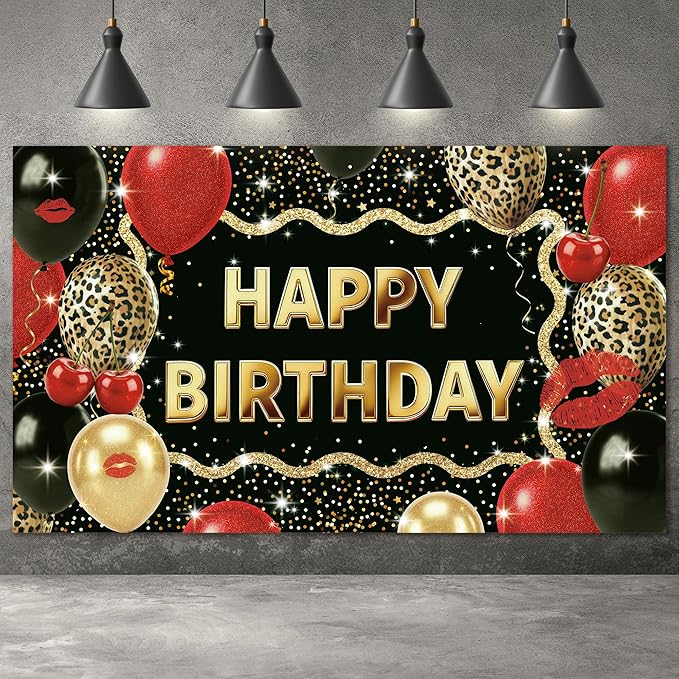 Leopard Happy Birthday Backdrop 5 x 3 Ft Cheetah Print Birthday Decorations Backdrop Banner with Cheetah Balloons Print, Red Leopard Party Decorations for Wall, Photography Background