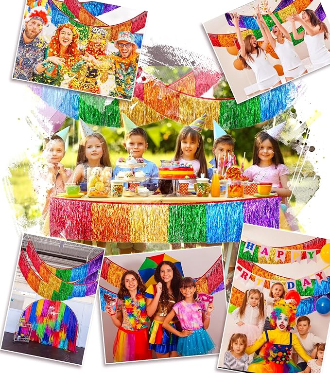 2 Pack Rainbow Foil Fringe Banner – High-Density Metallic Tinsel Tassel Garland in 6 Colors | Reusable Party Backdrop Decoration for Birthday Wedding Graduation Holiday Disco DIY Decor