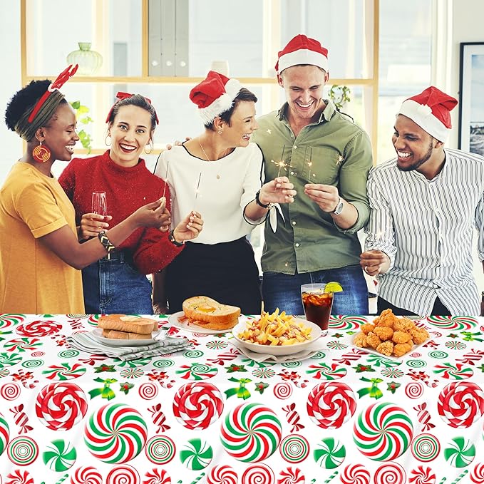 4 Pack Christmas Candy Cane Plastic Tablecloths,54 x 108 Inch Disposable Holiday Table Covers with Lollipops Design for Christmas Party Decorations Winter Dinner and Festive Events