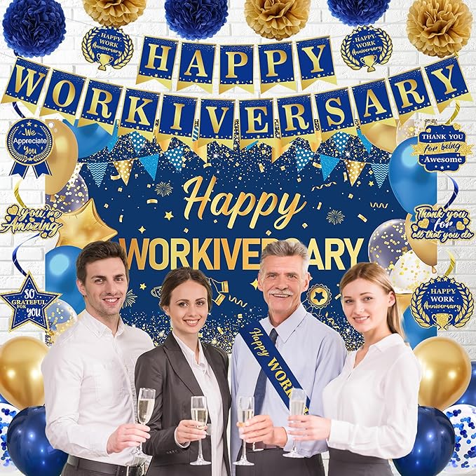 DARUNAXY Happy Workiversary Party Decorations for Men Women, Blue Gold Happy Work Anniversary Banner Cake Topper Hanging Swirl Confetti Balloons Decor Set for Employee Office Party Supplies(31PC)