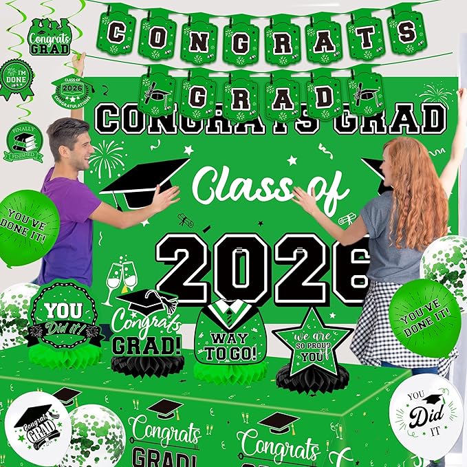 Graduation Decorations 2026, Class of 2026 Backdrop, Banner, 2026 Foil Balloons, Tablecloth, Hanging Swirls, Honeycomb Centerpieces, Party Supplies Decorations Set for College (GREEN)