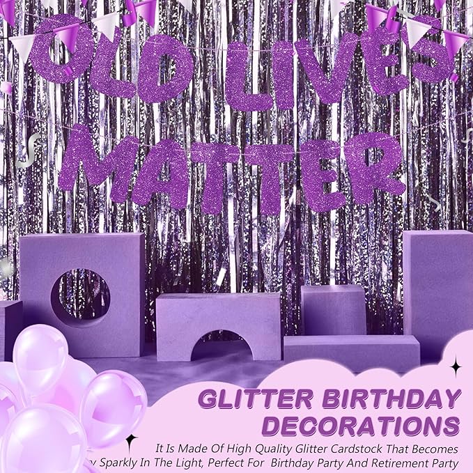 Fulmoon Pre Strung Banner 6.56 ft Funny Birthday Retirement Party Decorations 80th 70th 60th 50th Retirement Party Garland Bunting Decorations for Men Women(Glitter Purple)