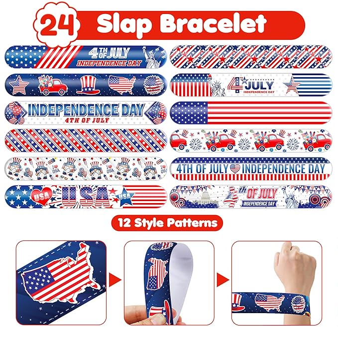 72 PCS Fourth of July Party Favors - 48 Temporary Pre-Cut Tattoos & 24 Slap Bracelets - Party Favors for Boys & Girls, Birthday Goodie Bag Fillers, Baby Shower Gifts, Classroom Rewards