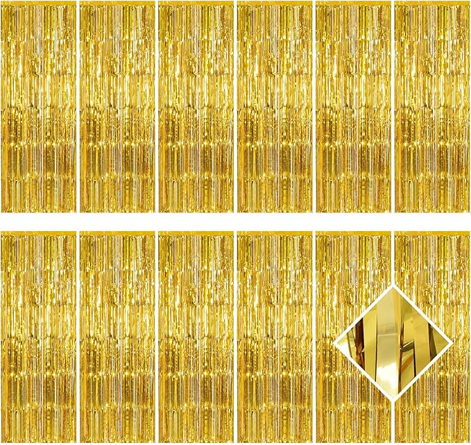 12 Pack Gold Foil Curtain Backdrop 3.2ft x 6.6ft Metallic Tinsel Fringe Backdrop Curtains Streamer Photo Booth Backdrop for Birthday Engagement Bachelorette Christmas Holiday Party Decorations