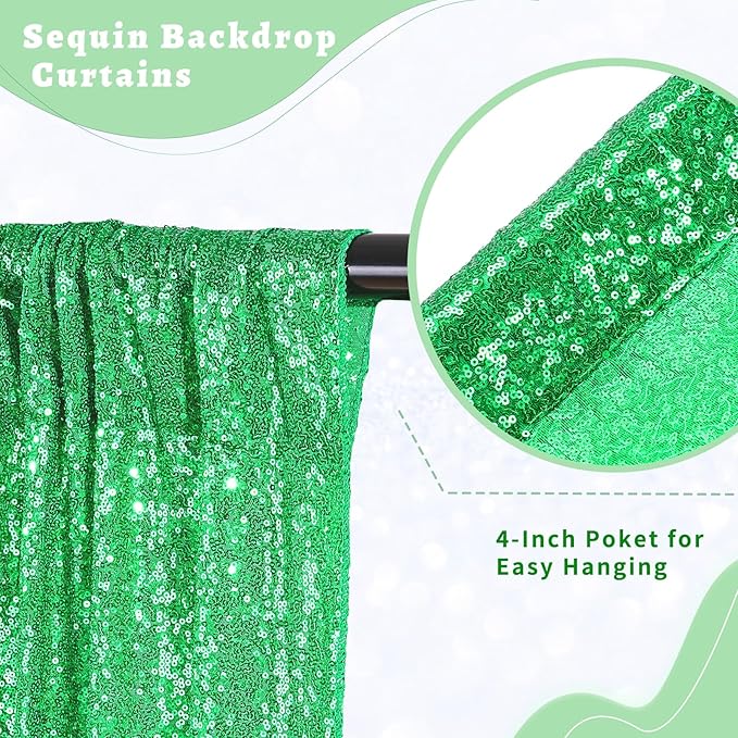B-COOL Green Sequin Backdrop Curtain Sparkly Drapes 2 Panels 2ftx8ft for Shimmer Emerald Green Curtain Birthday Party Backdrop Decorations