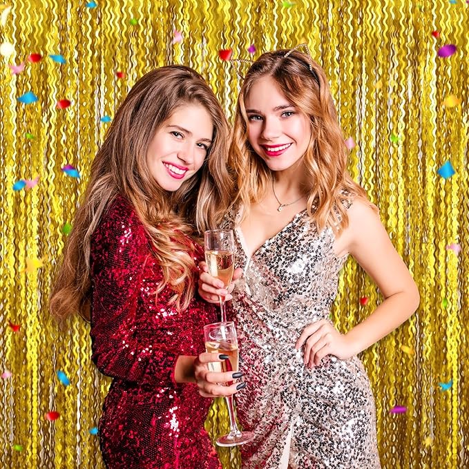 4 Pack Gold Wave Foil Fringe Curtain Backdrop, 3.28Ft x 8.2Ft Metallic Tinsel Foil Fringe Streamer Curtains for Photo Booth, Mother's Day, Easter, Birthday, Wedding Party Decoration