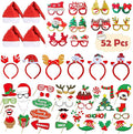 52 Pcs Christmas Photo Booth Props Kit, 20Pcs Glitter Eyeglasses Frame Hats Hairhoop and 32Pcs DIY Selfie Pose Signs for Xmas Party Decoration, Funny Christmas Holiday Party Favor Supplies for Adults