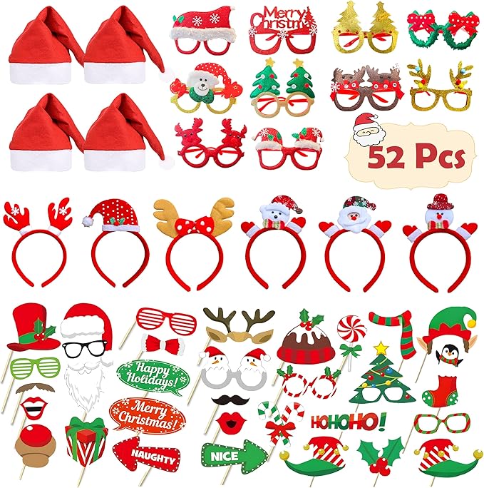 52 Pcs Christmas Photo Booth Props Kit, 20Pcs Glitter Eyeglasses Frame Hats Hairhoop and 32Pcs DIY Selfie Pose Signs for Xmas Party Decoration, Funny Christmas Holiday Party Favor Supplies for Adults