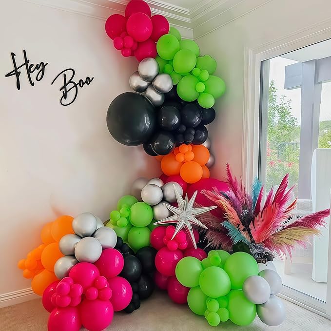 Halloween Balloon Arch Garland Kit, Neon Pink Green and Black White Party Balloons with Disco DIY Spider & 3D Spider Decor for Halloween Birthday Baby Shower Party Decorations