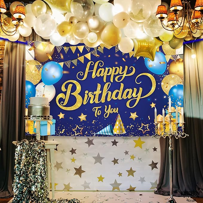 KatchOn, XtraLarge Blue and Gold Happy Birthday Banner - 72x44 Inch | Blue and Gold Bday Backdrop for Happy Birthday Decorations | Party Decorations for Men and Women