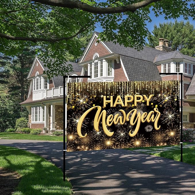 Happy New Year Hanging Extra Large Fabric Sign Poster Background Banner with Firework Pattern for New Year Party Decorations