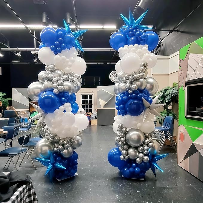 Royal Blue and Silver Balloons for Graduation Party Decorations, 12In Dark Navy Blue and White Balloons with Metallic Silver Star Balloon for Graduation Father's Day Birthday Baby Shower Party Decor