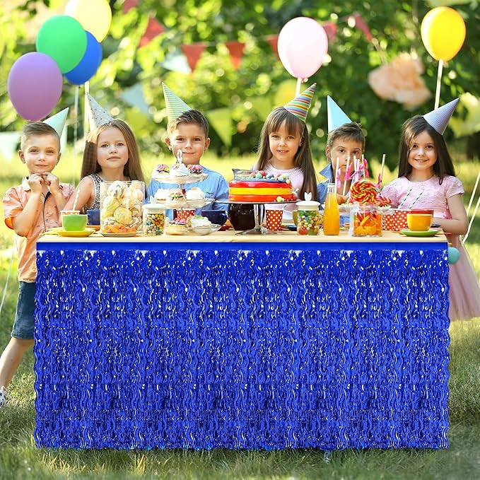 Navy Blue Table Skirt, 2 Pack Blue Foil Grass Table Skirt, Patriotic Metallic Wavy Tinsel Foil Fringe Table Skirts, Table Skirts for Birthday Graduations 4th of July Christmas Parade Party