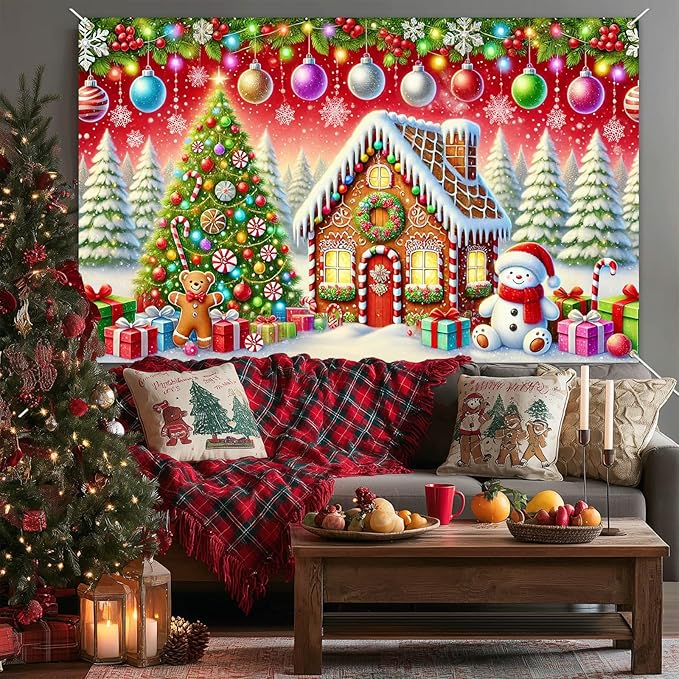 Gingerbread House Backdrop 71x43 Inches Christmas Tree Scene Banner Holiday Party Decoration Merry Christmas Backdrop for Photography Indoor Outdoor Gingerbread Christmas Background