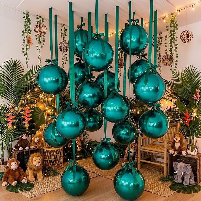 20 Pcs VBS 2026 Metallic Green Foil Balloons Giant 22 Inch 4d Round Metallic Green Balloons with Emerald Ribbon for Birthday Baby Shower Anniversary Tea Party Decorations