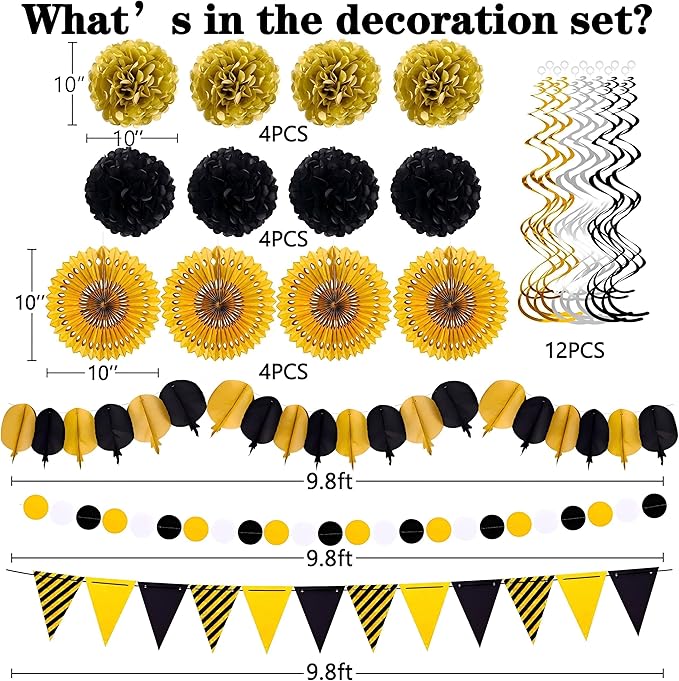 Moon Boat 35PCS Party Decorations Paper Fan Hanging Set - Birthday,Graduation,Baby Shower,Wedding,Retirement,Black and Gold Decor（Black）