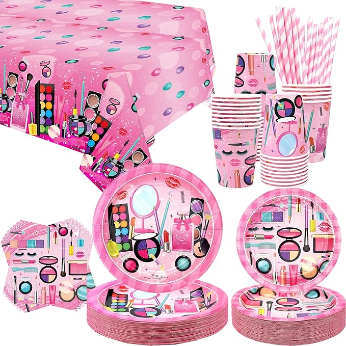 Spa Party Supplies - Makeup Theme Party Tableware - Dinner Plates Desserts Plates Cups Napkins Spa Makeup Tablecover Straws for Girls Women Slumber Pamper Spa Birthday Party Decoration, Serves 40 (40)