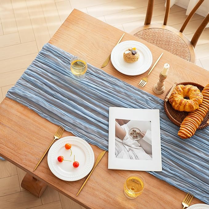 FEXIA 6 Pack Dusty Blue Table Runner 35x120 Inches Gauze Table Runner for Bridal Shower Wedding Party First Communion Centerpiece Engagement Boho Table Decoration (Dusty Blue)