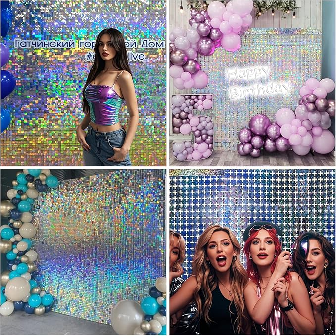 4 Packs Disco Foil Curtain, Silver Glitter Metallic Backdrop for Birthday, Wedding, Baby Shower, Bachelorette Party, 70s 80s 90s Theme Disco Party Decorations Supplies