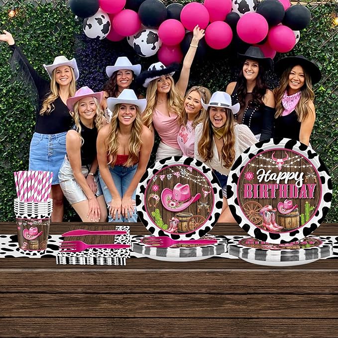 169PCS Cowgirl Plates Party Decorations Western Cowgirl Birthday Party Supplies Wild West Themed Paper Plates and Napkins Cups with Forks Knives and Straws Tableware for 24 Guests