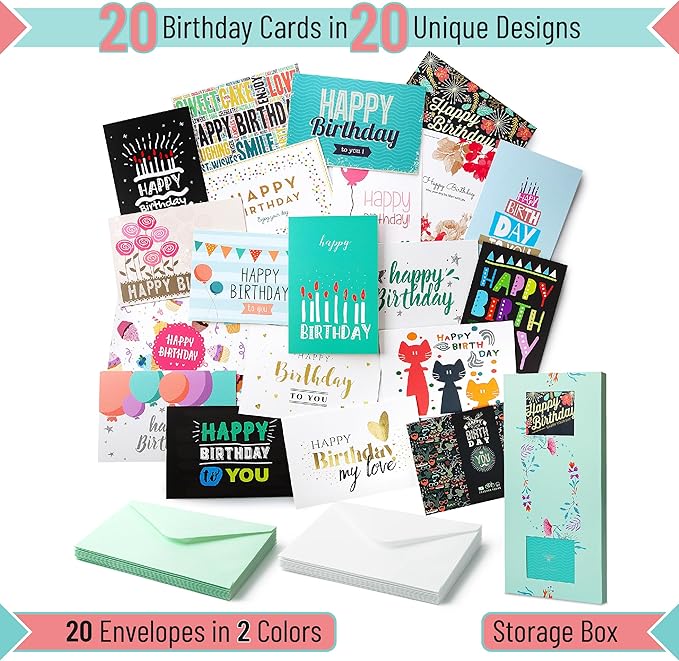 Mr. Pen Assorted Color Birthday Cards, 20 Pack, 4 x 6 Inches, Blank Inside, Includes Envelopes