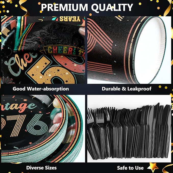 Kochorie 175 Pieces Vintage 50th Birthday Party Supplies Cheers to 50 Years Birthday Party Table Decoration Back in 1976 Tableware Set 7 Inch & 9 Inch Paper Plates Napkins Cups Cutlery Serves 25
