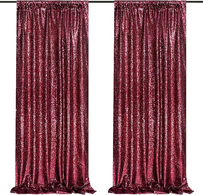 Glitter Sequin Backdrop 2 Panels 3x8FT Burgundy Red Wedding Photo Background Curtains for Birthday Party Decorations
