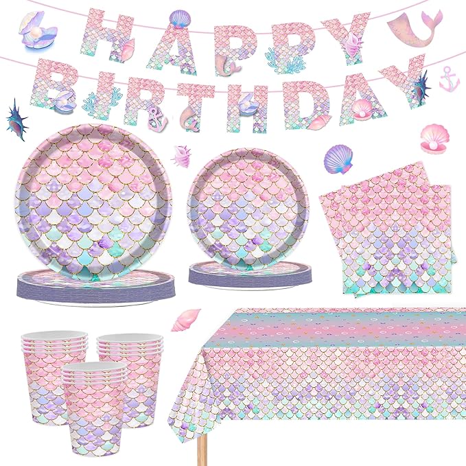 Mermaid Birthday Party Decorations Set - Supplies Include Plates, Napkins, Cups, Tablecloth, Banner for Baby Shower - Ocean Little Mermaid Party Decorations, Serves 25