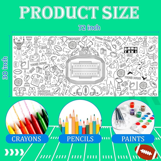 OHOME Football Giant Coloring Poster/Tablecloth - Super Game Bowl Party Decorations 2026-30 x 72 Inches Jumbo Coloring Banner Kids Crafts Activities Decor Party Supplies