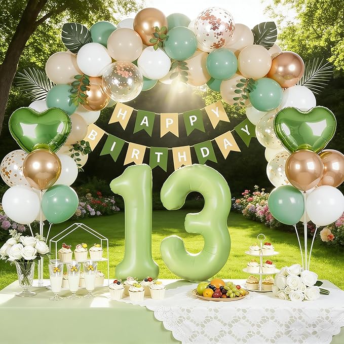 Sage Green 13th Birthday Decorations, Official Teenager Party Supplies for Girls Boys, Sand White & Cream Balloon Kit with Green Number 13 Balloon and Fringe Curtains