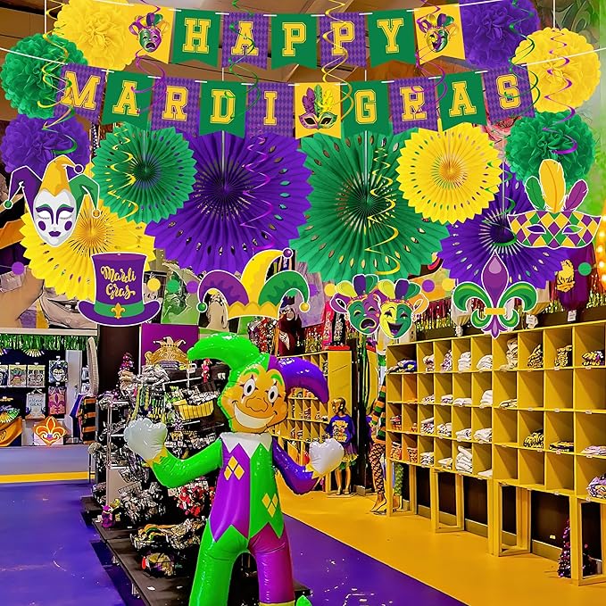 25PCS Mardi Gras Decorations, Mardi Gras Party Favors Decor Kit with Paper POMPOM, Happy Carnival Paper Fans Banner Felt Garland, Crown Hanging Swirls for Carnival Party Parade Accessories