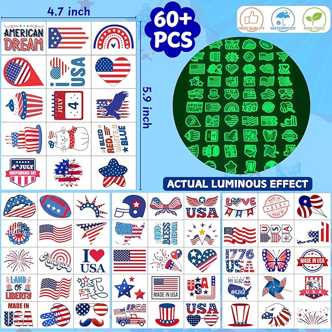 4th of July Temporary Tattoos Luminous 4th of July Decorations Favors Party Supplies Accessories American USA Independence Day Memorial Labor Day Fourth of July Red White Blue Glow in Dark Patriotic