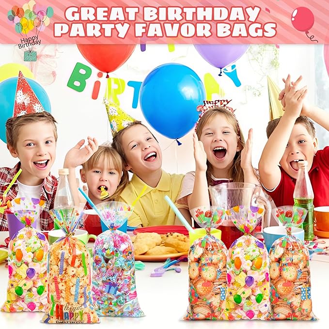 50PCS Birthday Clear Cellophane Treat Bags: Clear Goodie Bags with 60 Twist Ties for Kids Birthday Party Favors Wrapping, Packaging Candy Cookies Treat Classroom Return Gifts - 4 Colorful Designs