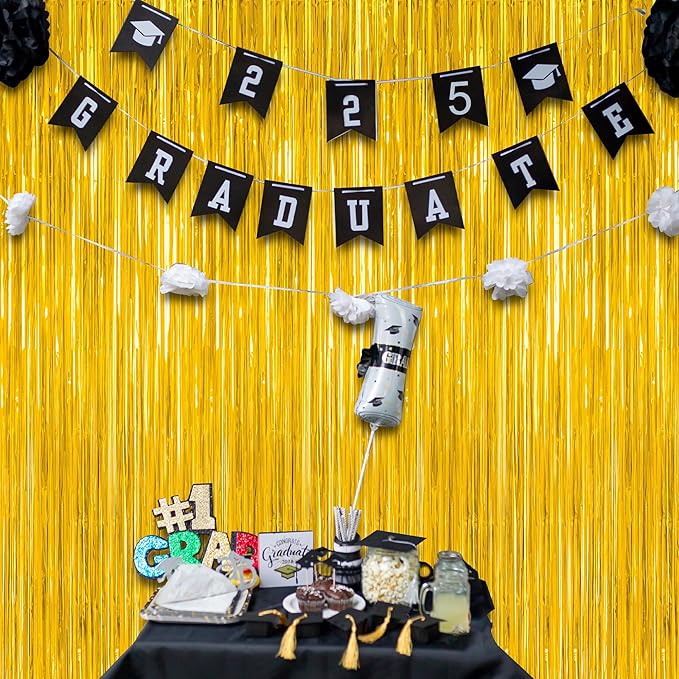 12 Pack 2026 Graduation Decorations, 3.28 FT x 7.05 FT Gold Backdrop Curtains, Metallic Class of 2026 Backdrop Fringe Curtains Foil Streamer, Gold Grad Decorations 2026 Party Supplies